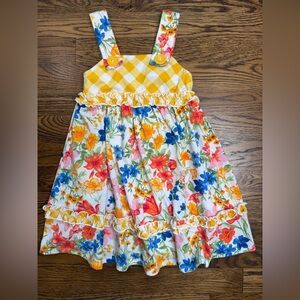 Jona Michelle Girls Floral and Plaid Kids Dress with Yellow Accents Size 3T